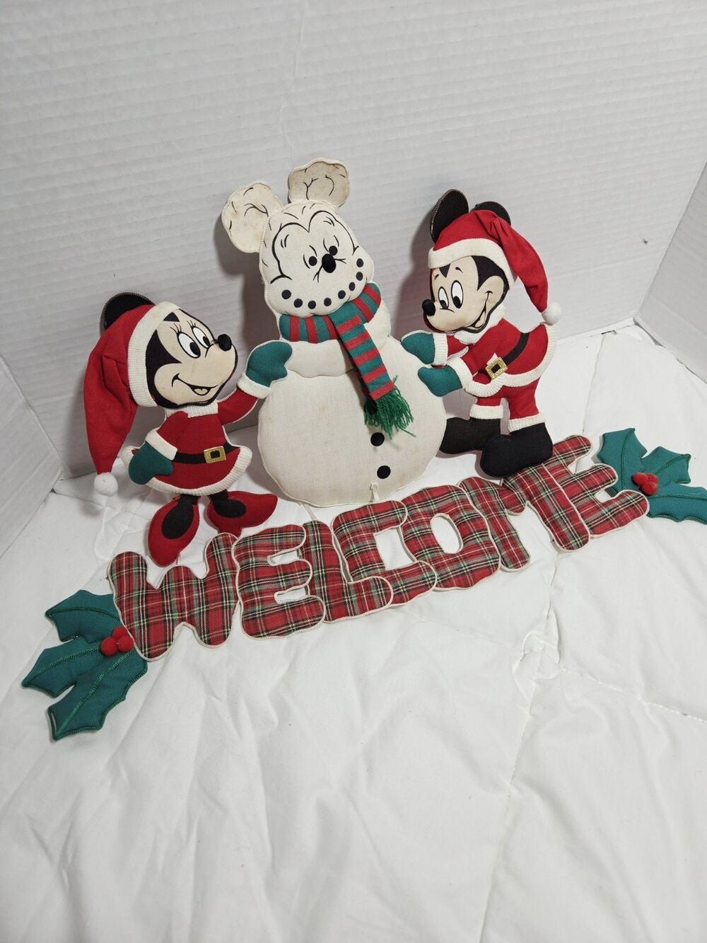 Disney Holly Jolly Mickey Minnie Plaid Welcome Vtg Sign Snowman 90's Christmas